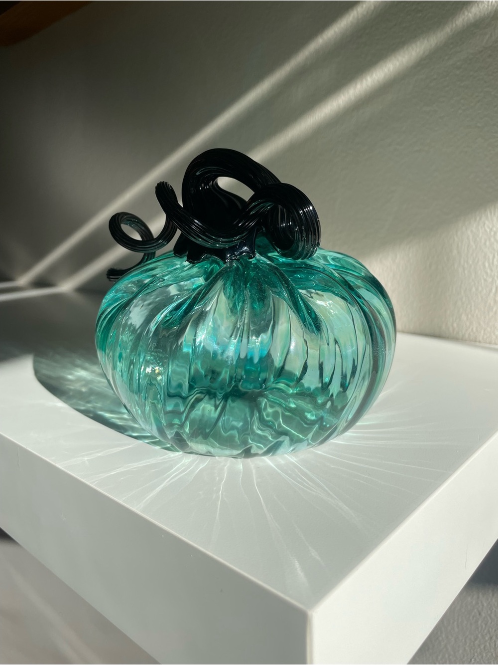 Teal Glass Pumpkin Sculpture with Dark Stem - Picture 8 of 12